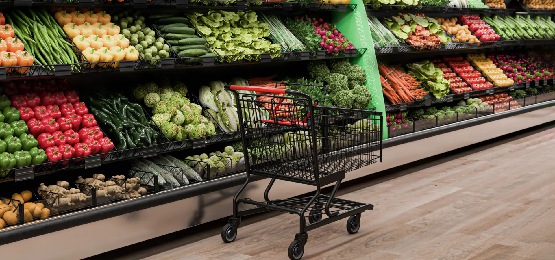 Shopping cart and produce displays by The Peggs Company